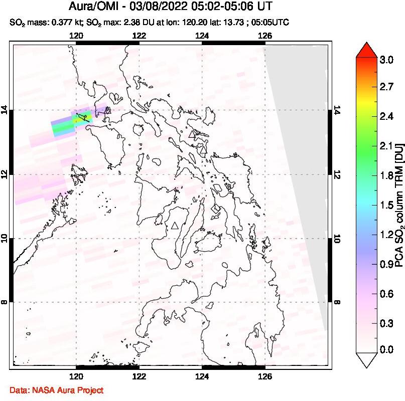 A sulfur dioxide image over Philippines on Mar 08, 2022.