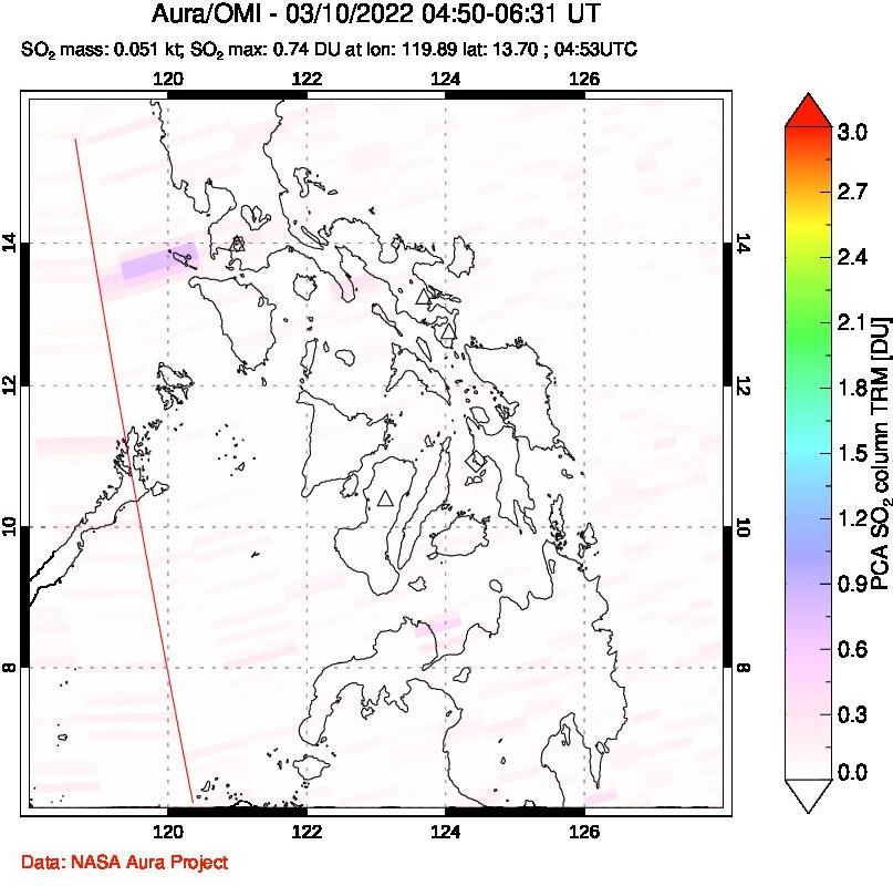 A sulfur dioxide image over Philippines on Mar 10, 2022.