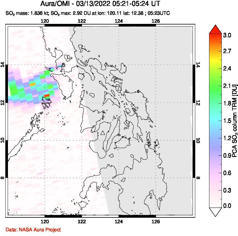 A sulfur dioxide image over Philippines on Mar 13, 2022.