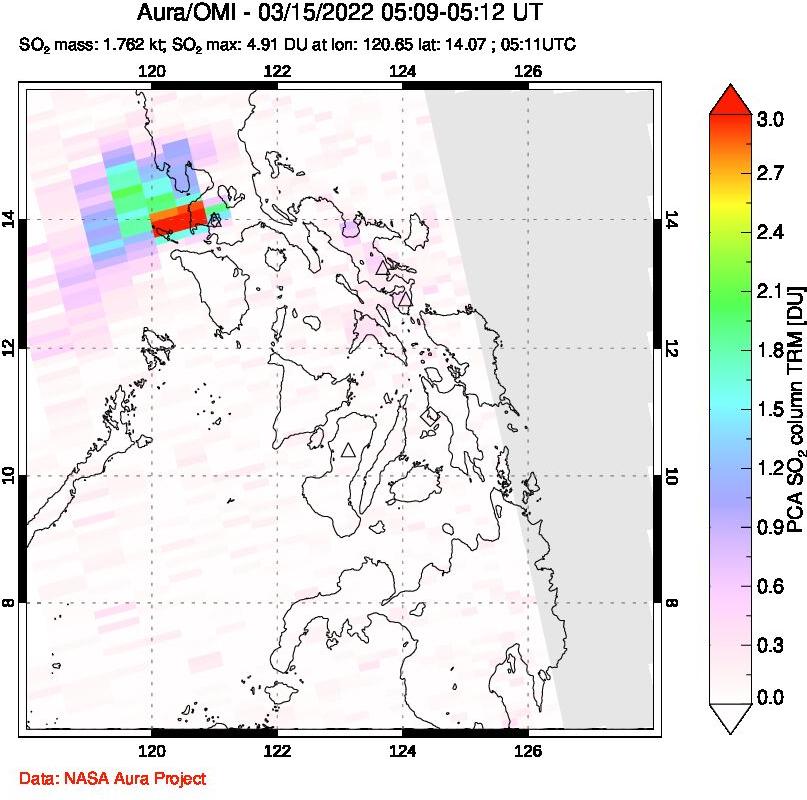 A sulfur dioxide image over Philippines on Mar 15, 2022.