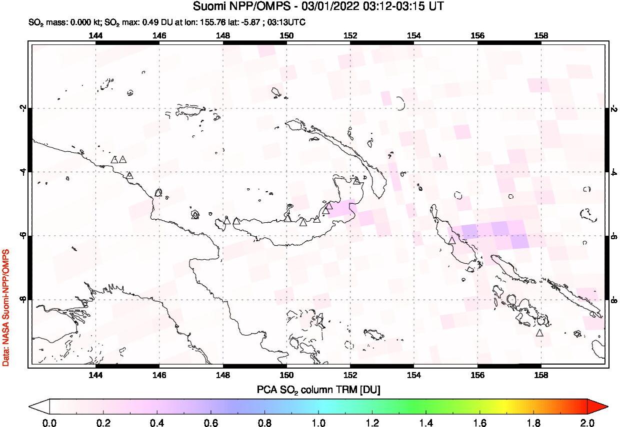 A sulfur dioxide image over Papua, New Guinea on Mar 01, 2022.