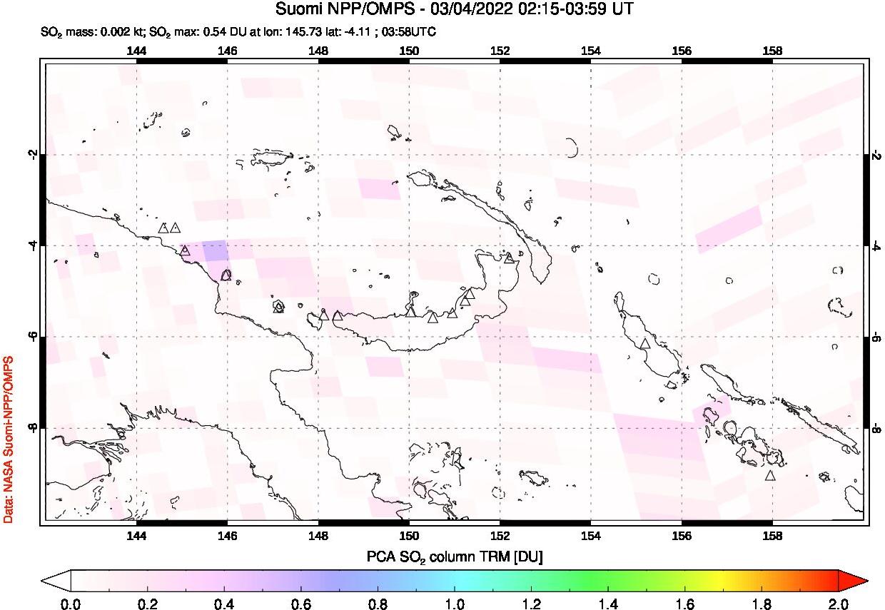 A sulfur dioxide image over Papua, New Guinea on Mar 04, 2022.