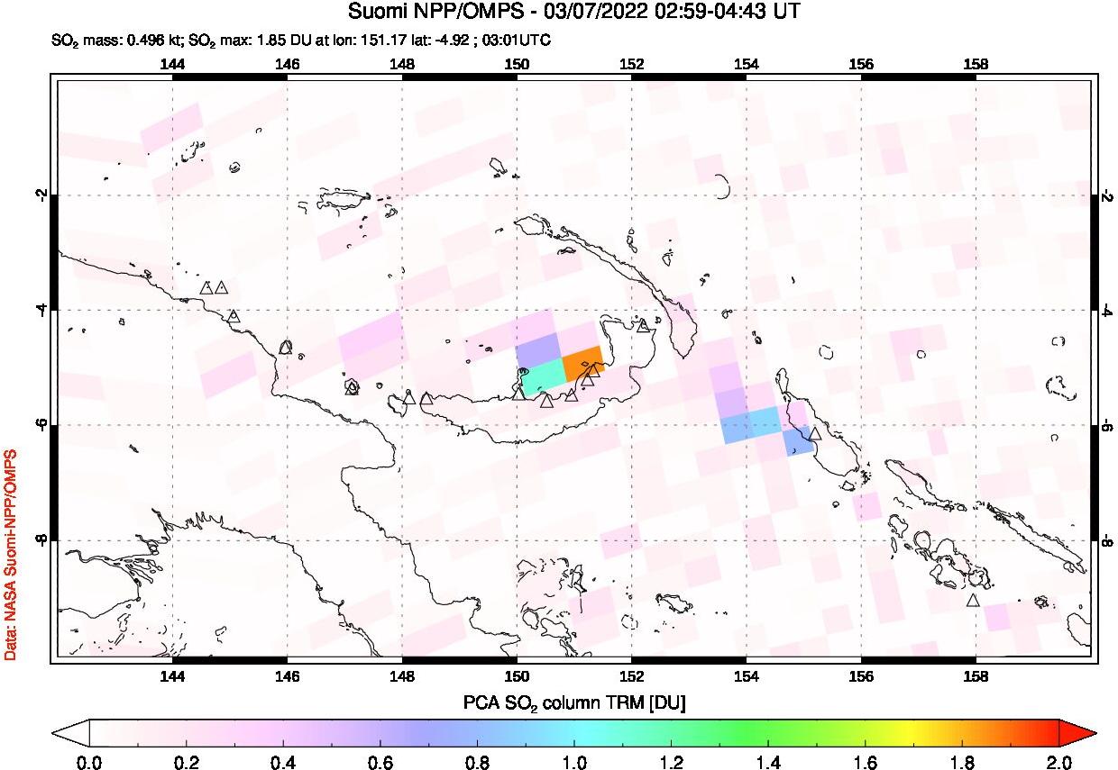 A sulfur dioxide image over Papua, New Guinea on Mar 07, 2022.