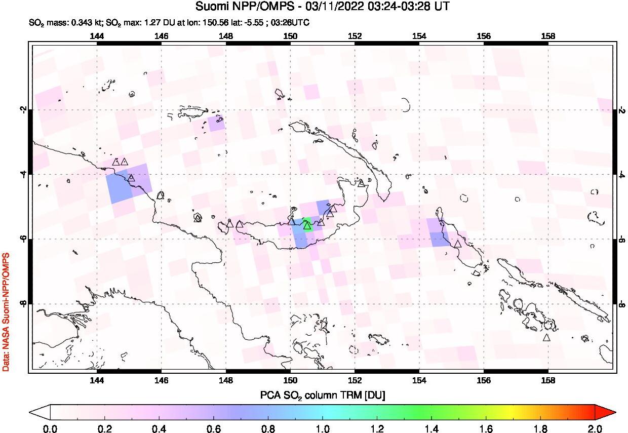 A sulfur dioxide image over Papua, New Guinea on Mar 11, 2022.