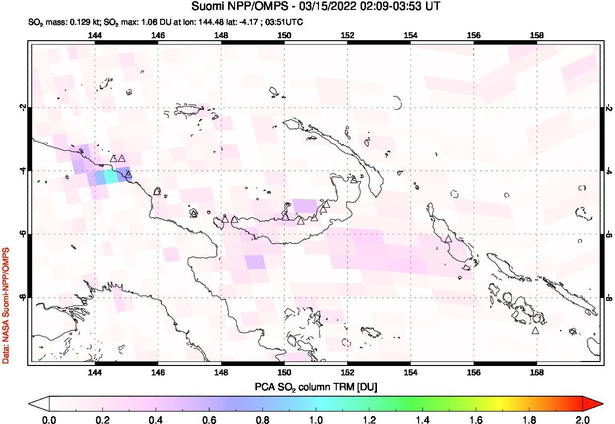 A sulfur dioxide image over Papua, New Guinea on Mar 15, 2022.