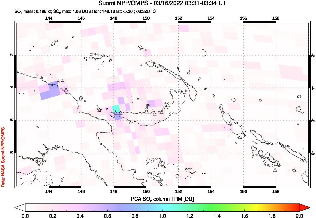 A sulfur dioxide image over Papua, New Guinea on Mar 16, 2022.