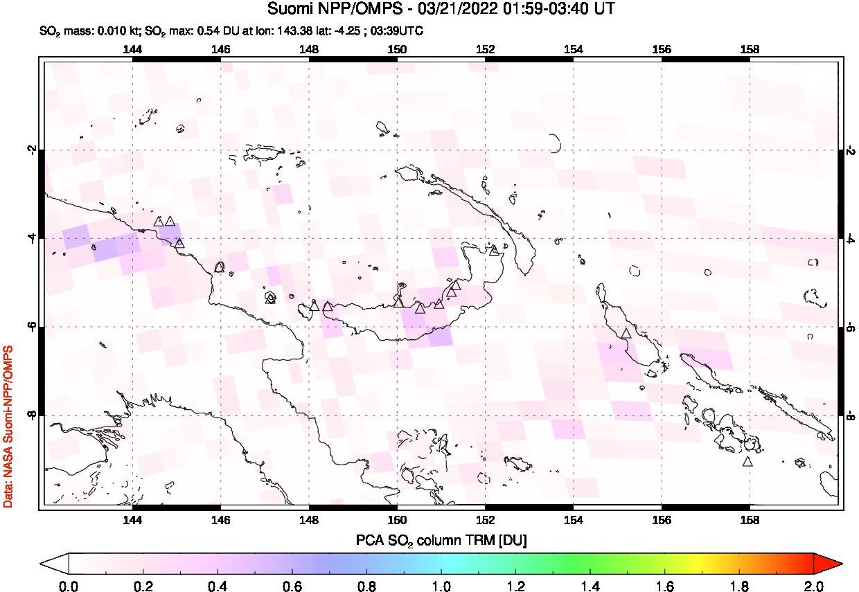 A sulfur dioxide image over Papua, New Guinea on Mar 21, 2022.