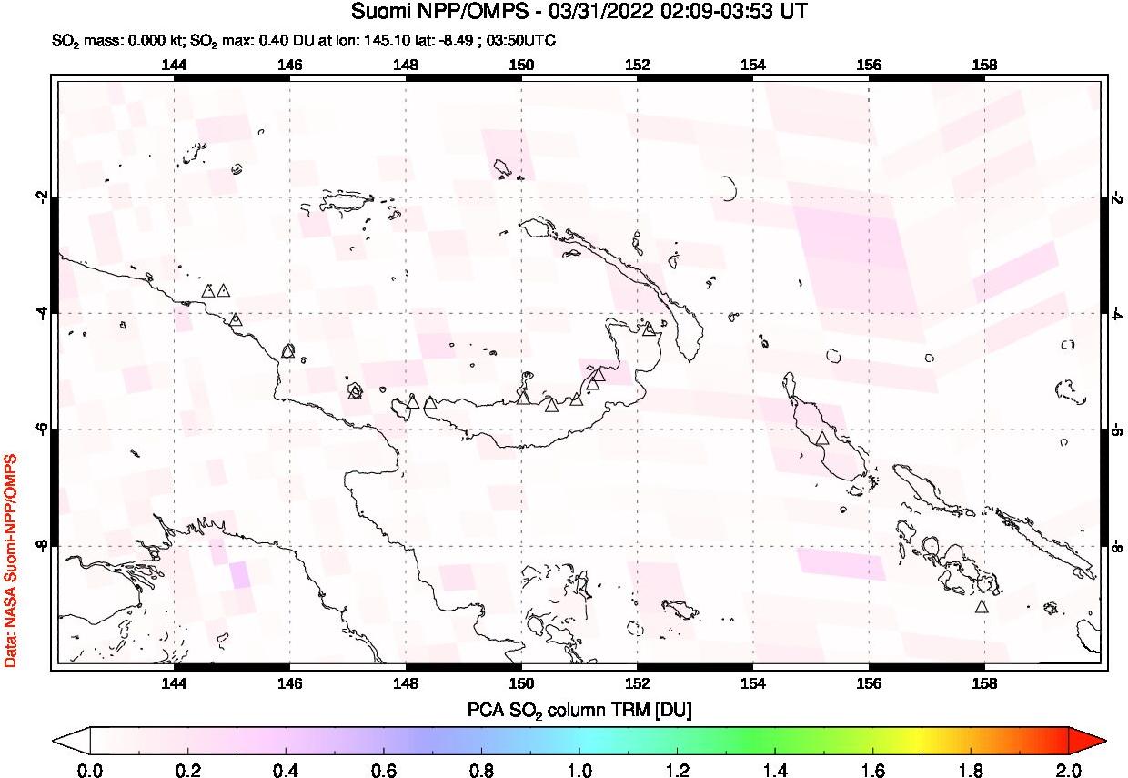 A sulfur dioxide image over Papua, New Guinea on Mar 31, 2022.