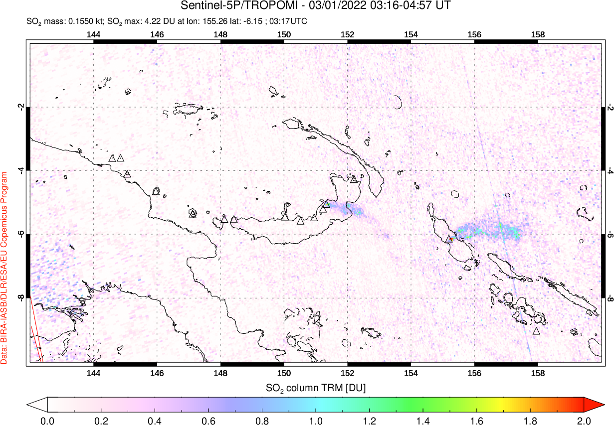 A sulfur dioxide image over Papua, New Guinea on Mar 01, 2022.