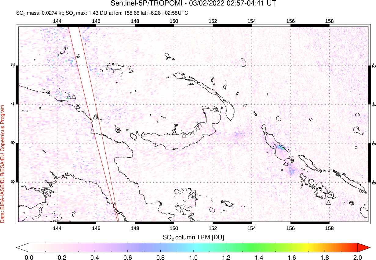 A sulfur dioxide image over Papua, New Guinea on Mar 02, 2022.