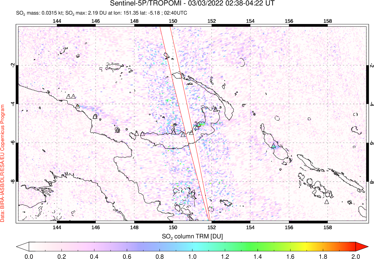 A sulfur dioxide image over Papua, New Guinea on Mar 03, 2022.