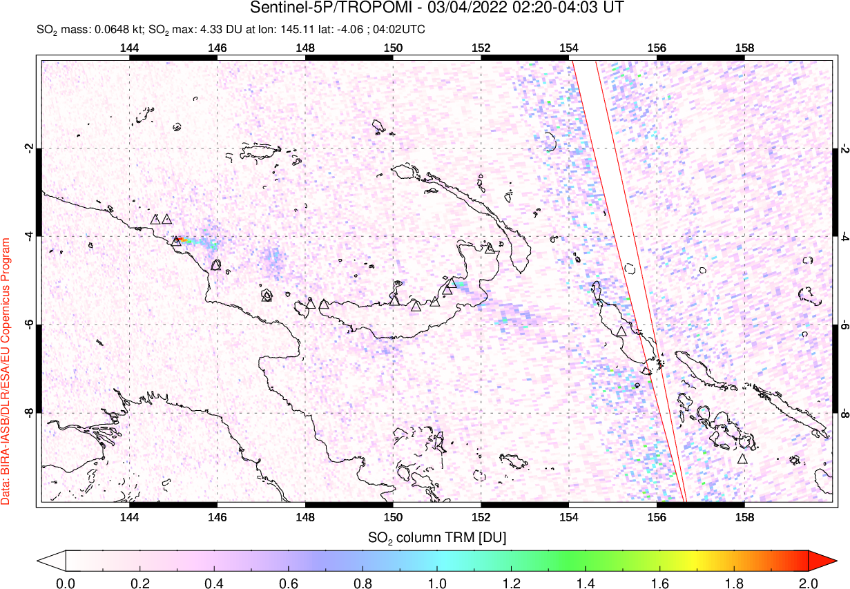 A sulfur dioxide image over Papua, New Guinea on Mar 04, 2022.