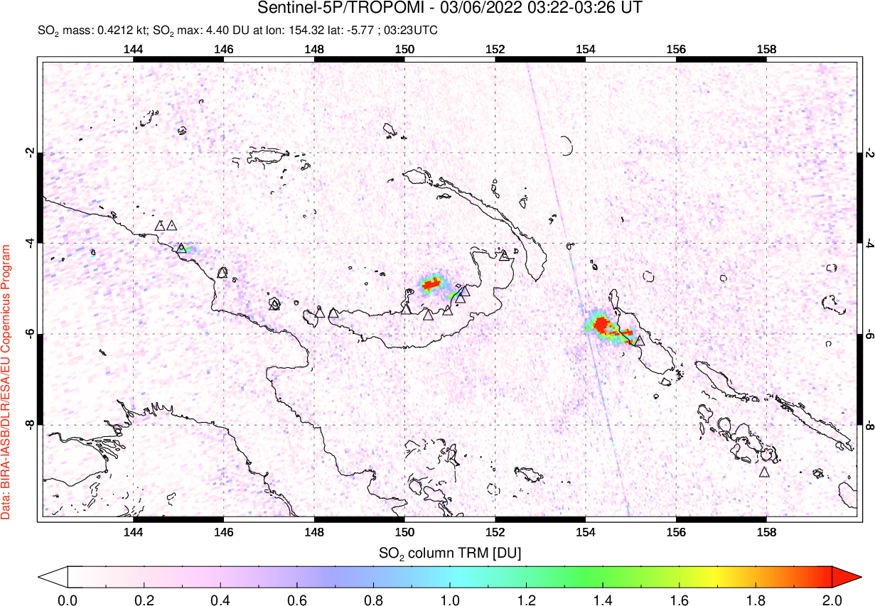 A sulfur dioxide image over Papua, New Guinea on Mar 06, 2022.