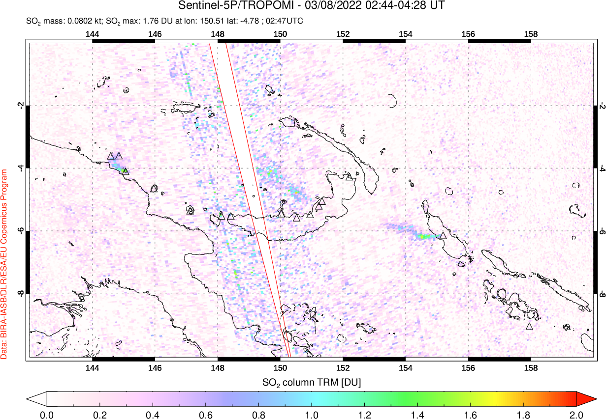 A sulfur dioxide image over Papua, New Guinea on Mar 08, 2022.