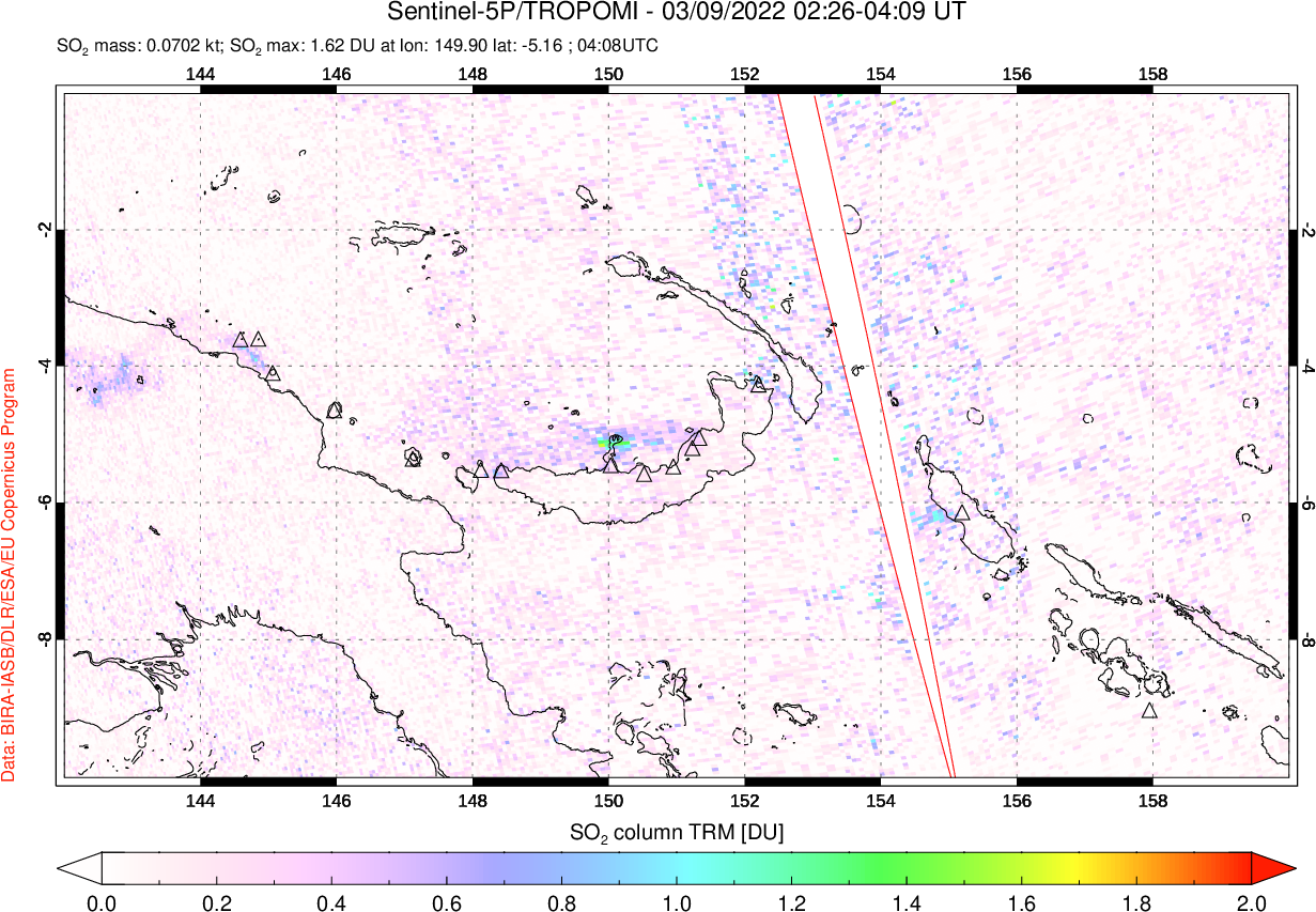 A sulfur dioxide image over Papua, New Guinea on Mar 09, 2022.