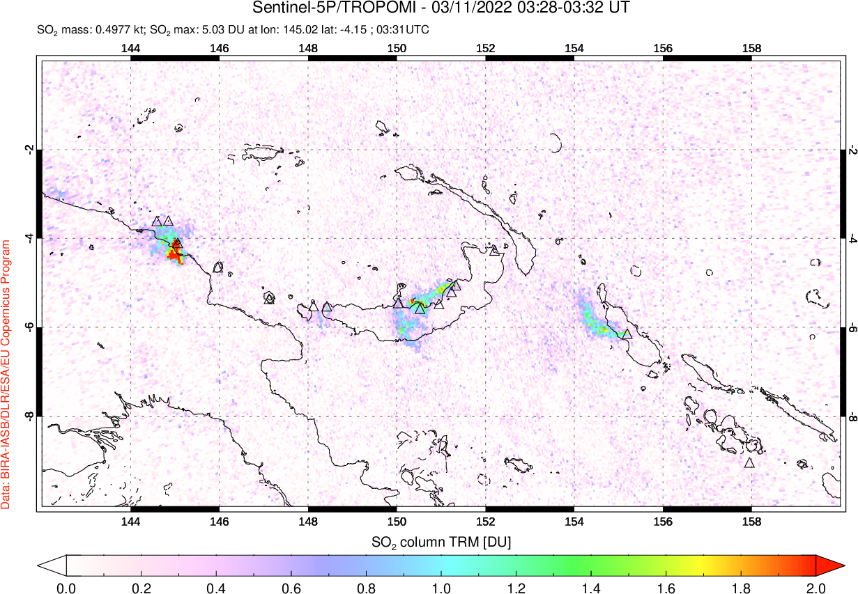 A sulfur dioxide image over Papua, New Guinea on Mar 11, 2022.