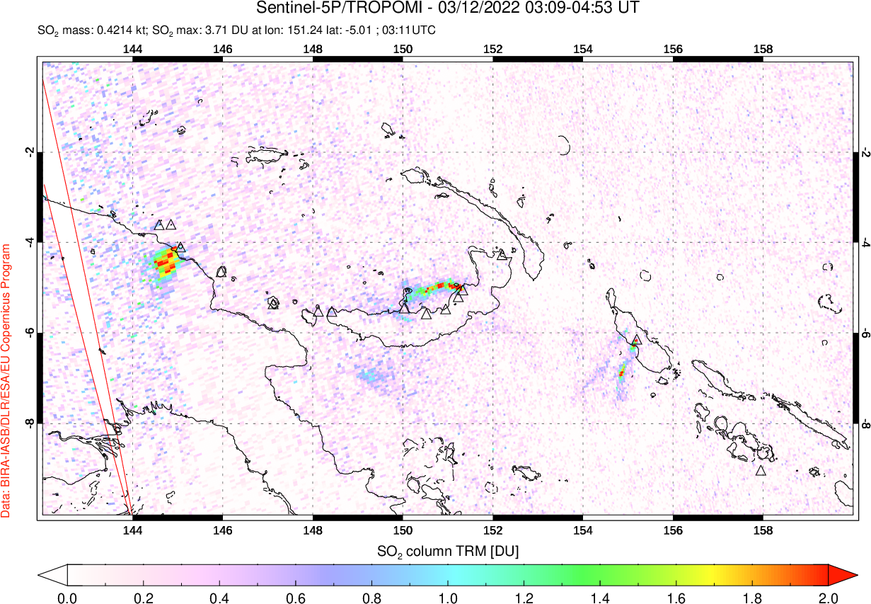 A sulfur dioxide image over Papua, New Guinea on Mar 12, 2022.