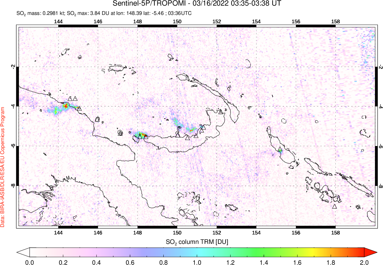 A sulfur dioxide image over Papua, New Guinea on Mar 16, 2022.