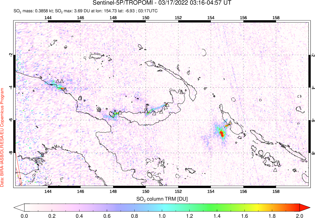 A sulfur dioxide image over Papua, New Guinea on Mar 17, 2022.