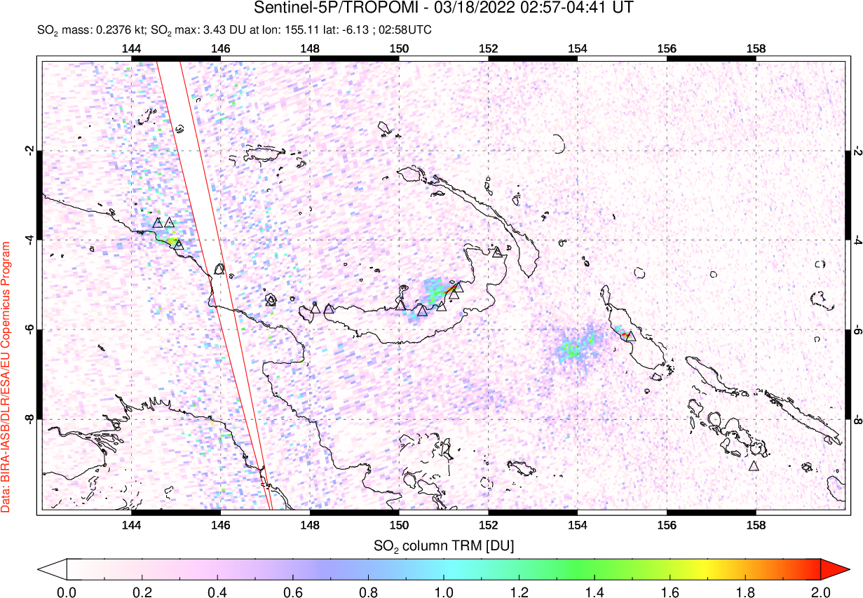 A sulfur dioxide image over Papua, New Guinea on Mar 18, 2022.