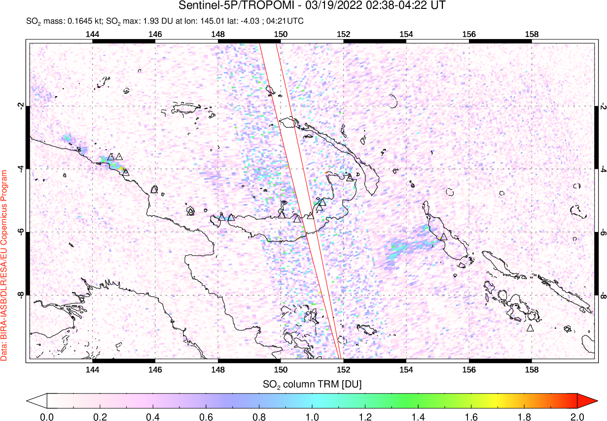 A sulfur dioxide image over Papua, New Guinea on Mar 19, 2022.