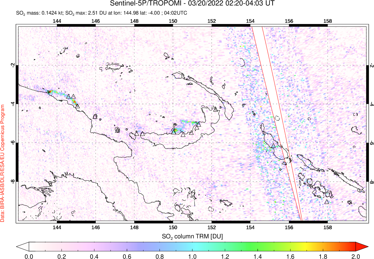 A sulfur dioxide image over Papua, New Guinea on Mar 20, 2022.