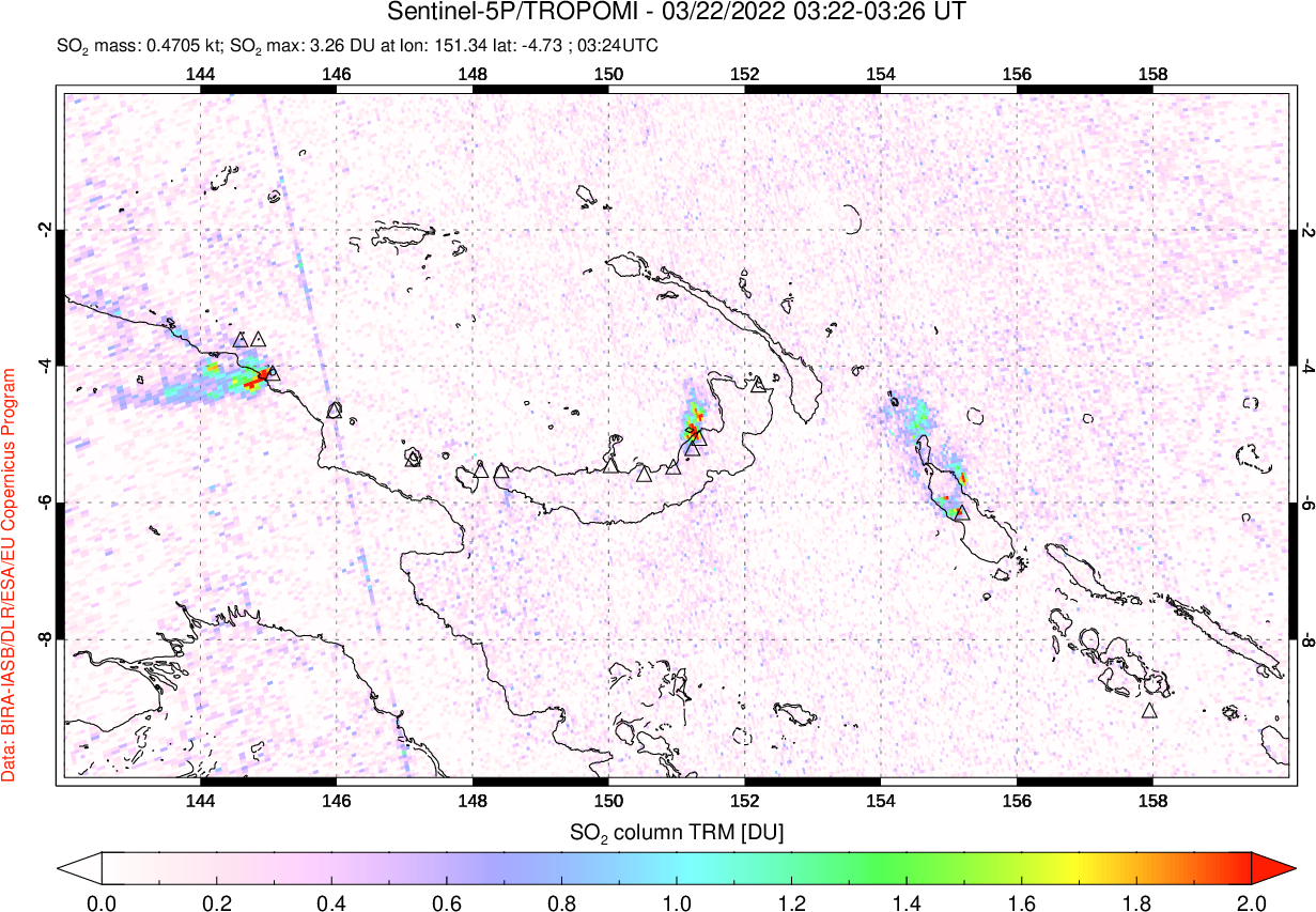 A sulfur dioxide image over Papua, New Guinea on Mar 22, 2022.
