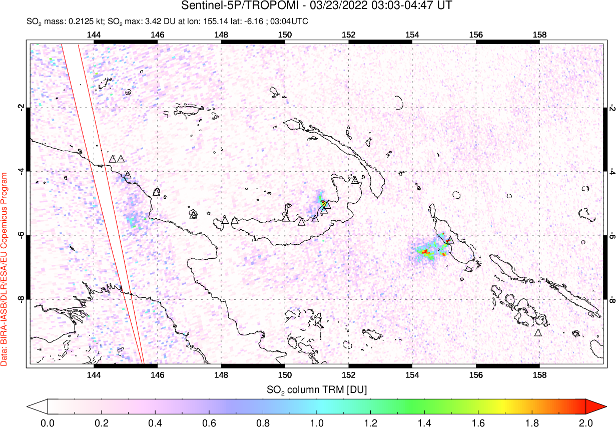 A sulfur dioxide image over Papua, New Guinea on Mar 23, 2022.