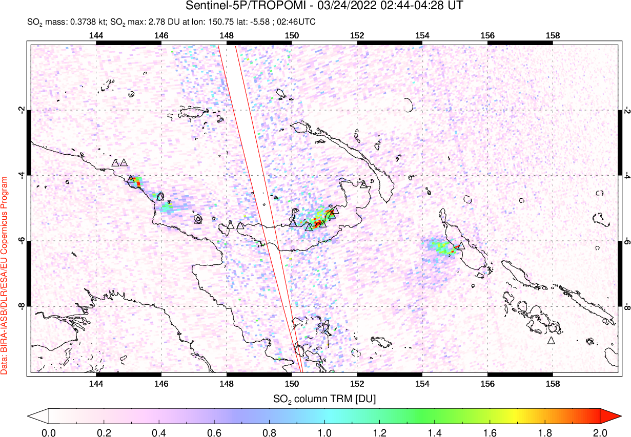 A sulfur dioxide image over Papua, New Guinea on Mar 24, 2022.