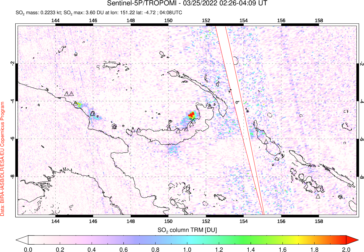 A sulfur dioxide image over Papua, New Guinea on Mar 25, 2022.
