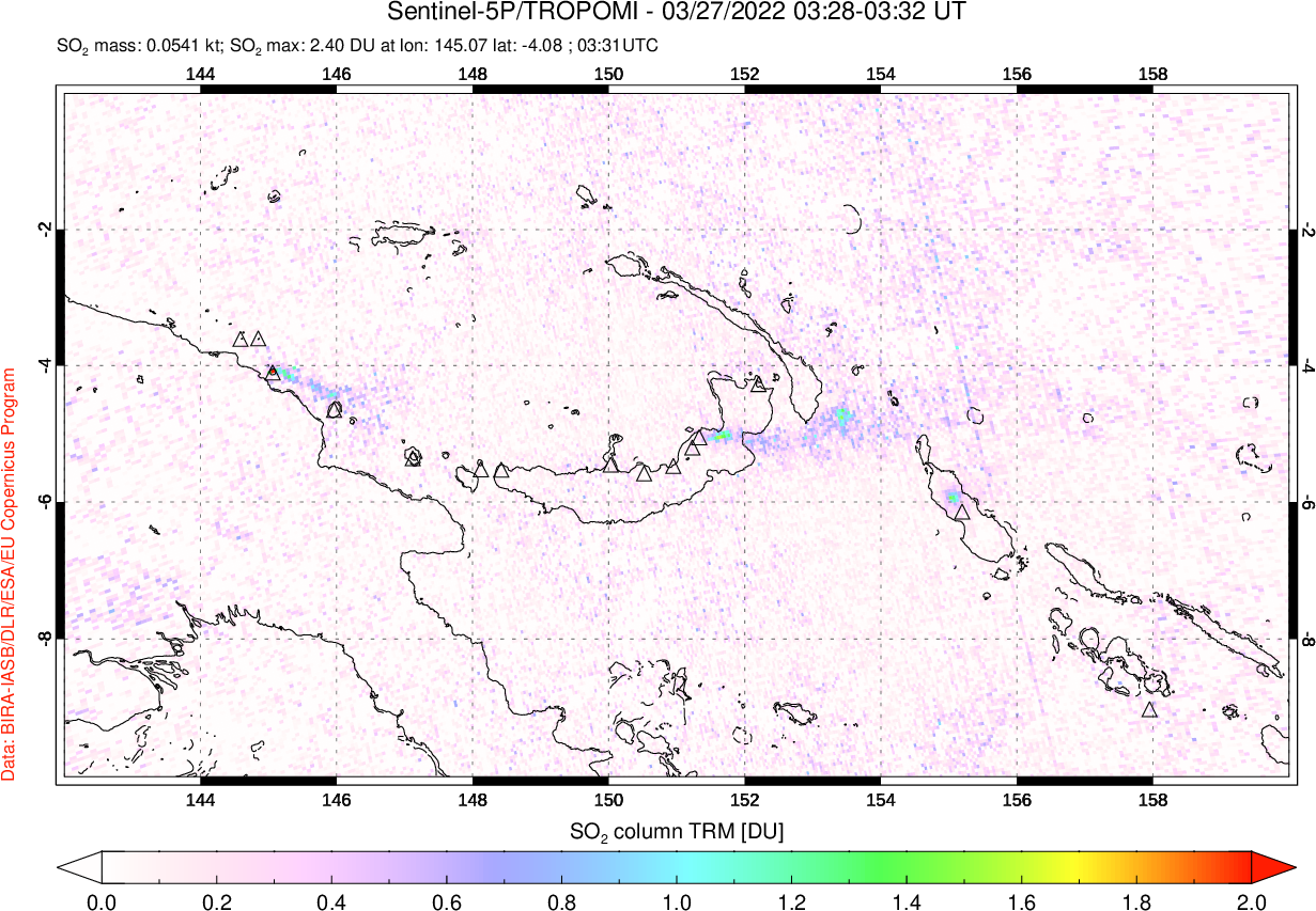 A sulfur dioxide image over Papua, New Guinea on Mar 27, 2022.