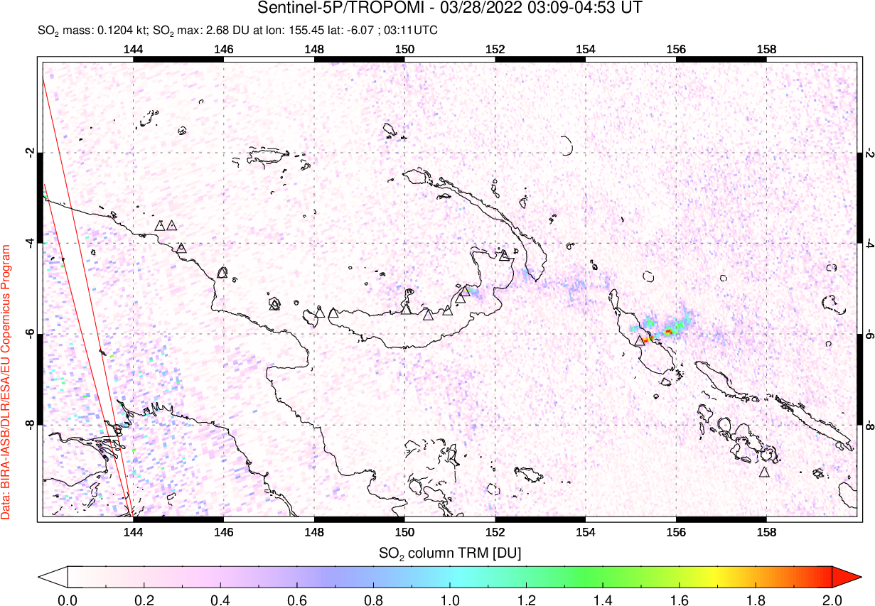 A sulfur dioxide image over Papua, New Guinea on Mar 28, 2022.