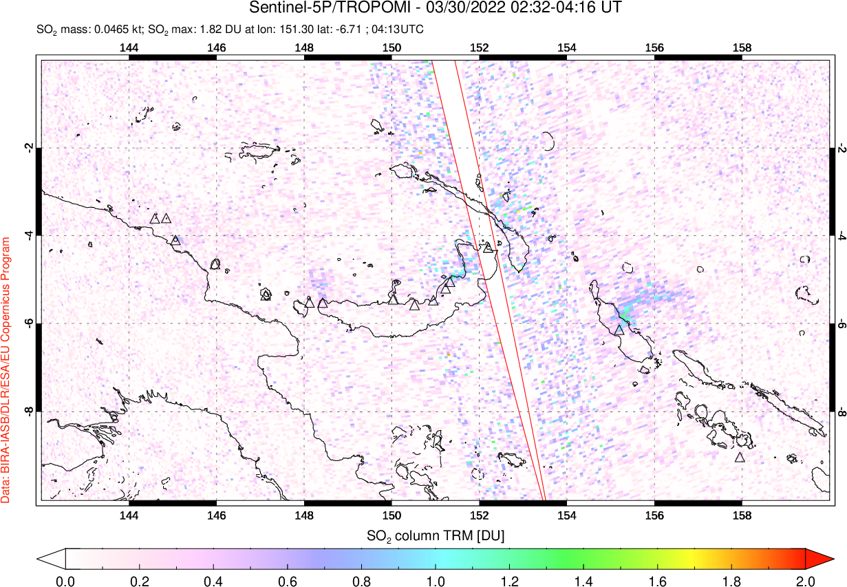 A sulfur dioxide image over Papua, New Guinea on Mar 30, 2022.
