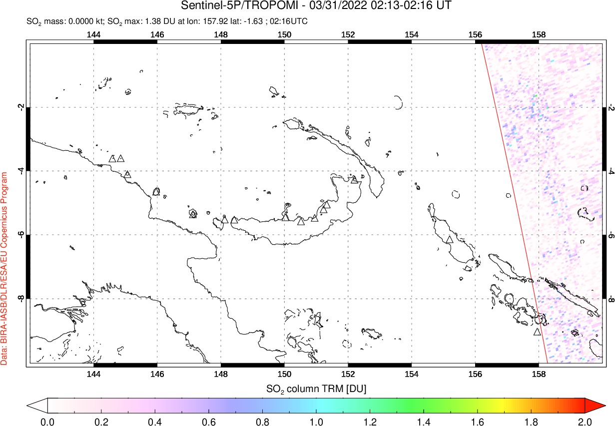 A sulfur dioxide image over Papua, New Guinea on Mar 31, 2022.