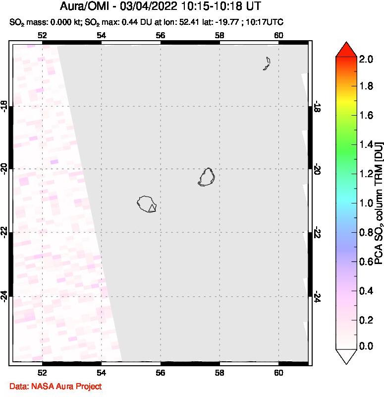 A sulfur dioxide image over Reunion Island, Indian Ocean on Mar 04, 2022.