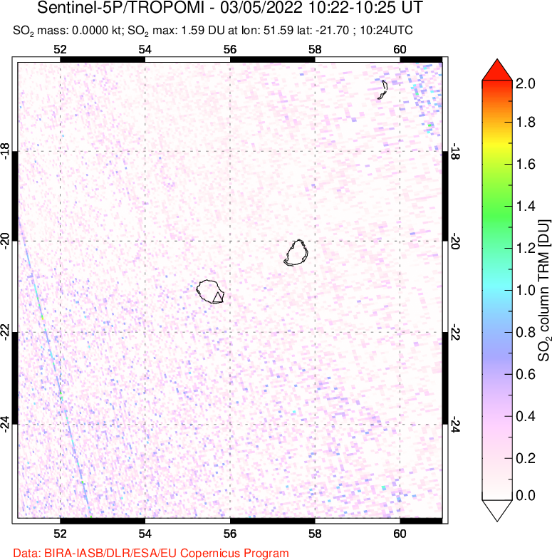 A sulfur dioxide image over Reunion Island, Indian Ocean on Mar 05, 2022.