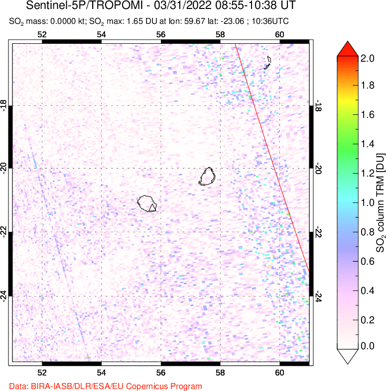 A sulfur dioxide image over Reunion Island, Indian Ocean on Mar 31, 2022.