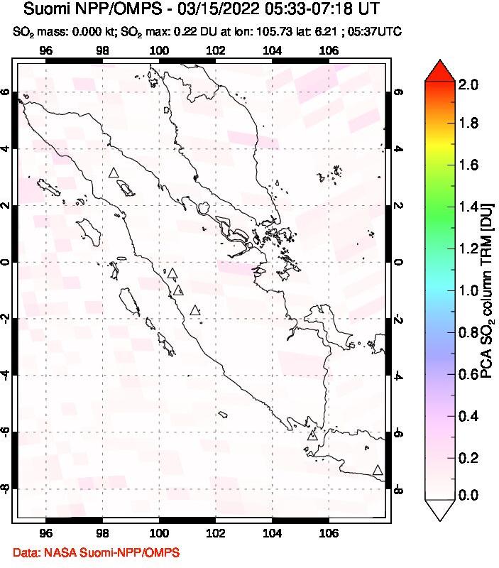 A sulfur dioxide image over Sumatra, Indonesia on Mar 15, 2022.