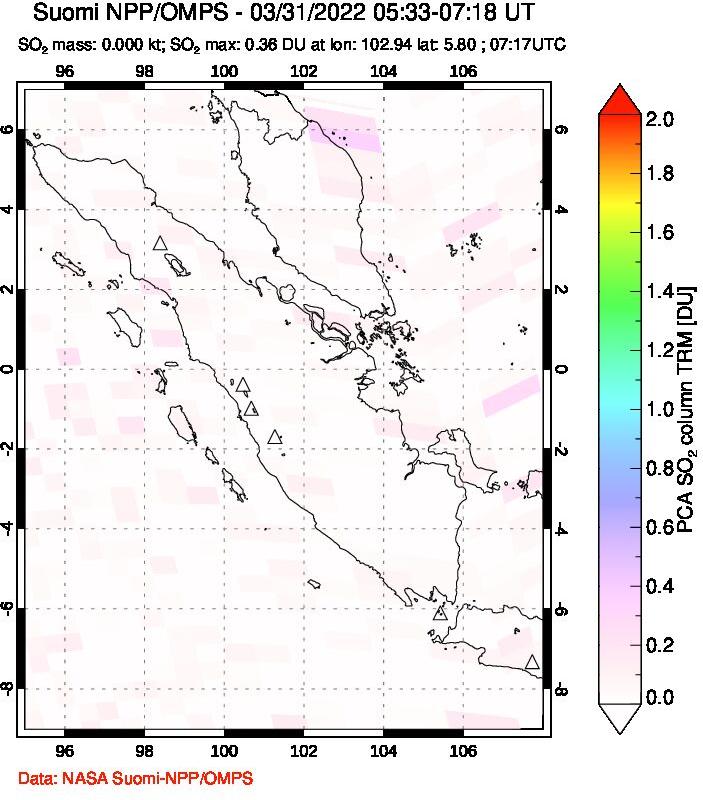 A sulfur dioxide image over Sumatra, Indonesia on Mar 31, 2022.