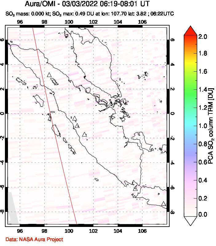 A sulfur dioxide image over Sumatra, Indonesia on Mar 03, 2022.