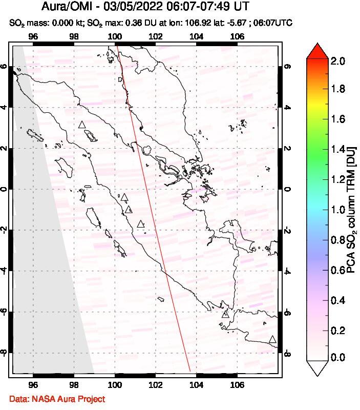 A sulfur dioxide image over Sumatra, Indonesia on Mar 05, 2022.