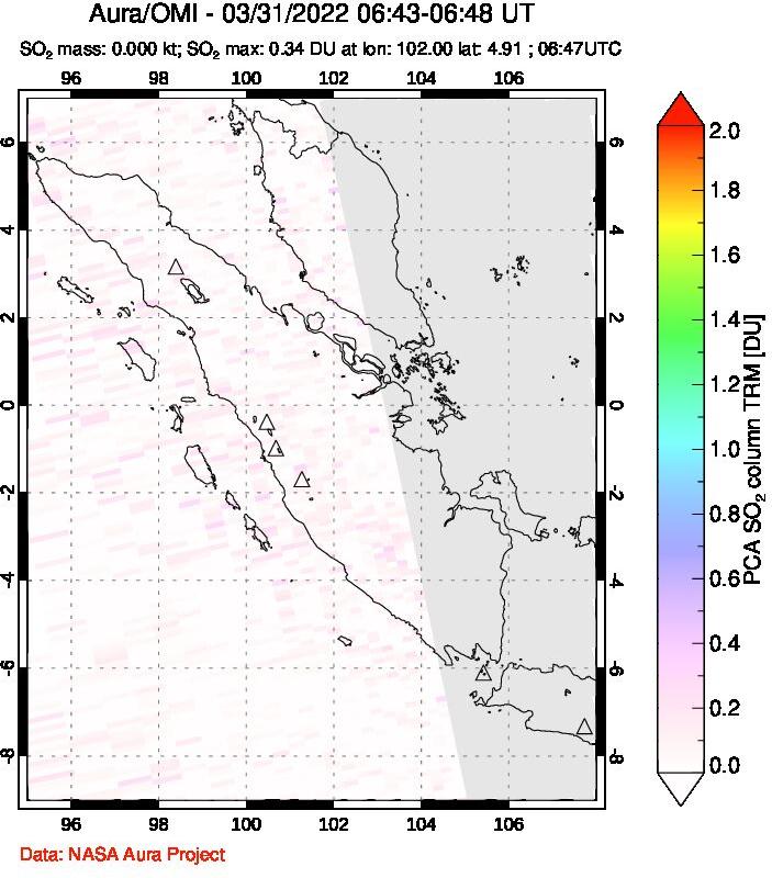 A sulfur dioxide image over Sumatra, Indonesia on Mar 31, 2022.