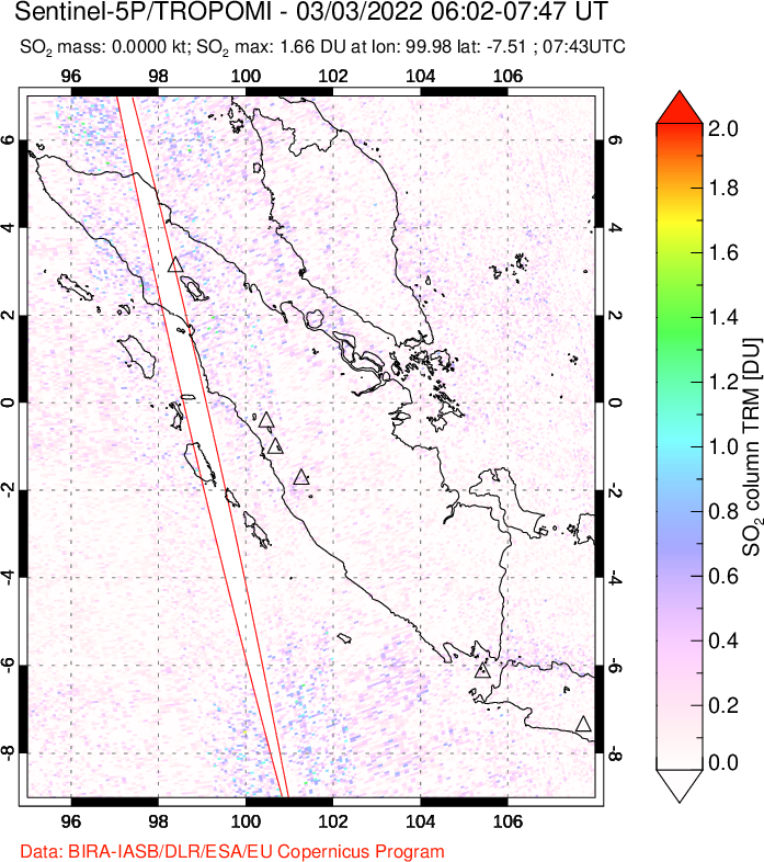 A sulfur dioxide image over Sumatra, Indonesia on Mar 03, 2022.