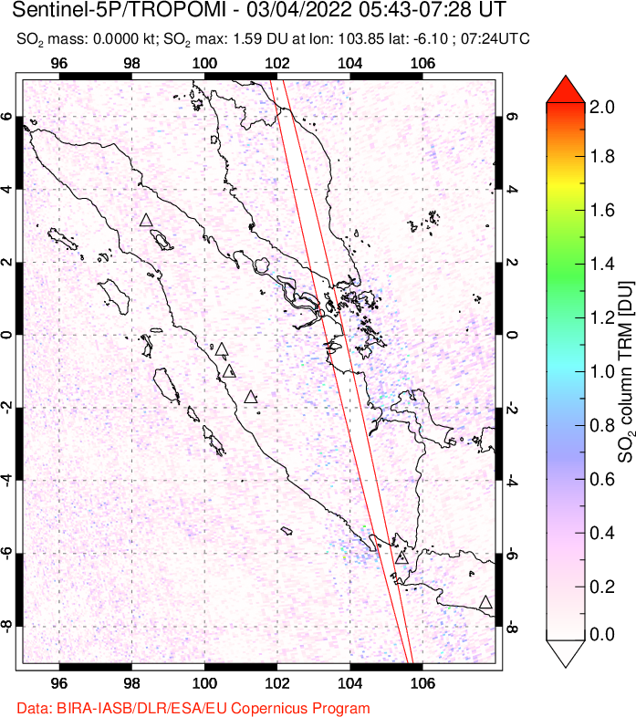 A sulfur dioxide image over Sumatra, Indonesia on Mar 04, 2022.