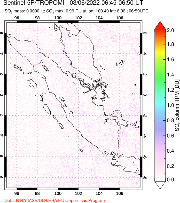 A sulfur dioxide image over Sumatra, Indonesia on Mar 06, 2022.