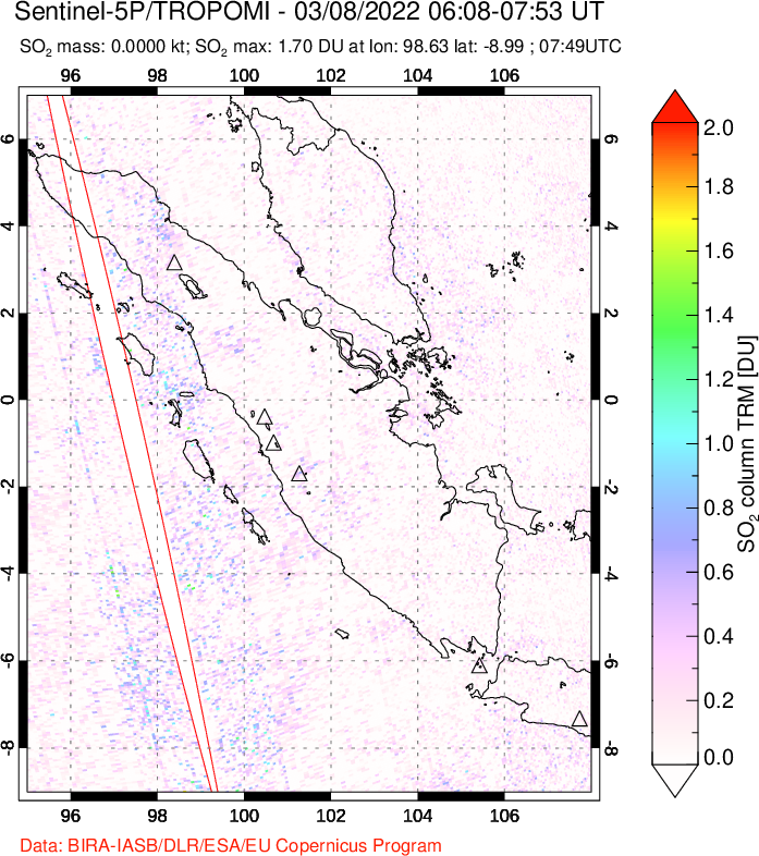 A sulfur dioxide image over Sumatra, Indonesia on Mar 08, 2022.