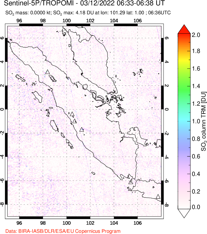 A sulfur dioxide image over Sumatra, Indonesia on Mar 12, 2022.