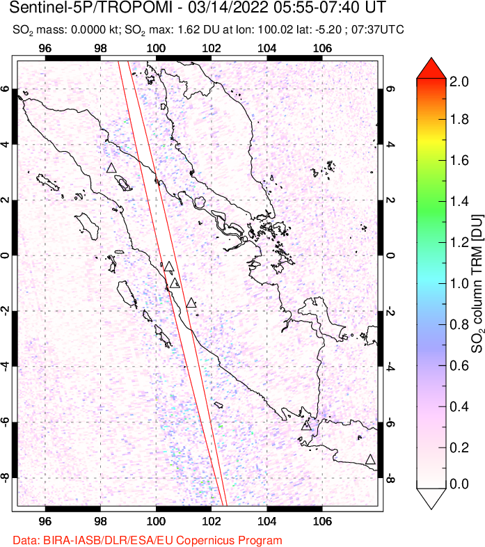 A sulfur dioxide image over Sumatra, Indonesia on Mar 14, 2022.