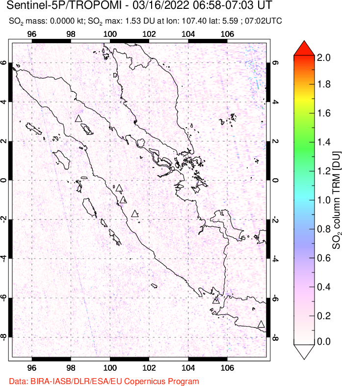 A sulfur dioxide image over Sumatra, Indonesia on Mar 16, 2022.