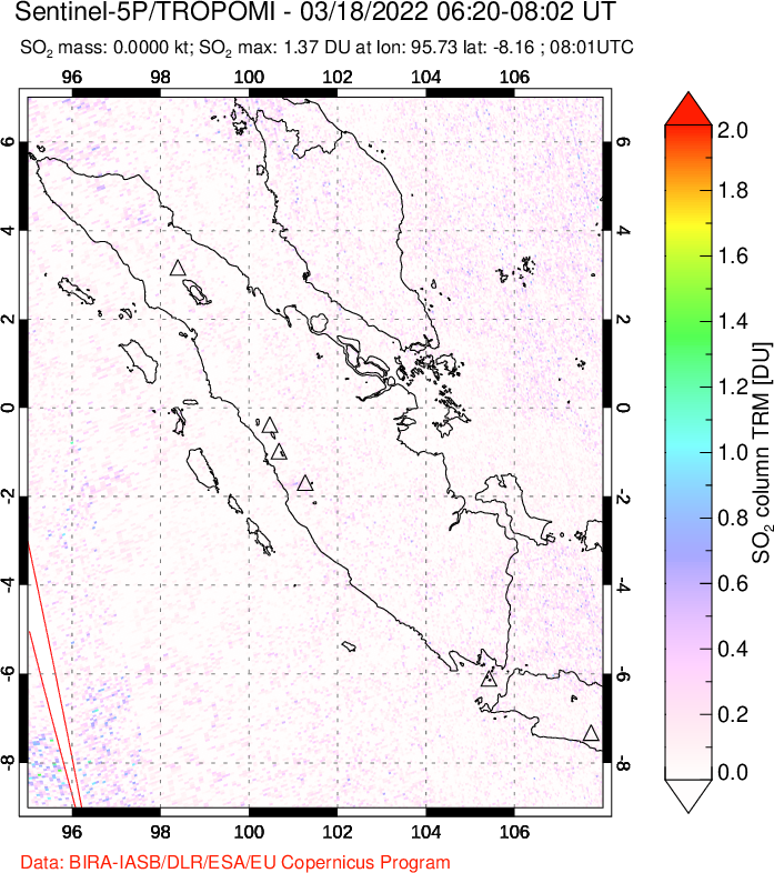 A sulfur dioxide image over Sumatra, Indonesia on Mar 18, 2022.